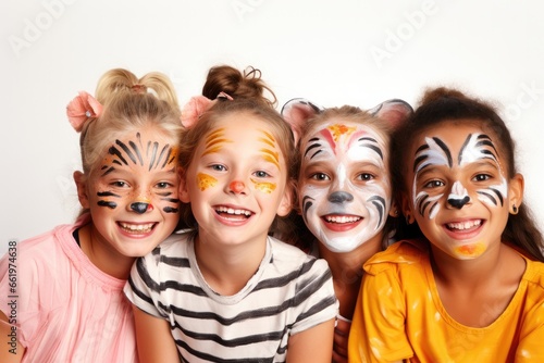 An exuberant group of happy children with colorful face paintings, celebrating together with laughter and joy.