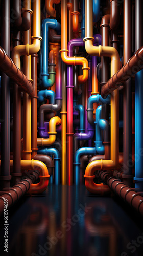 3d rendering of a colorful pipes in a room with reflection on water