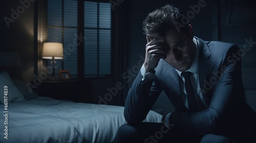 Sad businessman sitting holding hands on the bed in a dark bedroom. Drama concept