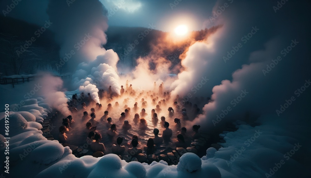 Photo in a close-up shot of people, steam rising around them, as they soak in the comforting embrace of a natural thermal spring. - obrazy, fototapety, plakaty 