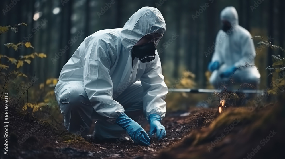 A police officer takes evidence from the crime scene, Forensic scientist in protective gloves doing working at crime scene. A police officer takes evidence from the crime scene, Forensic scientist in protective gloves doing working at crime scene.