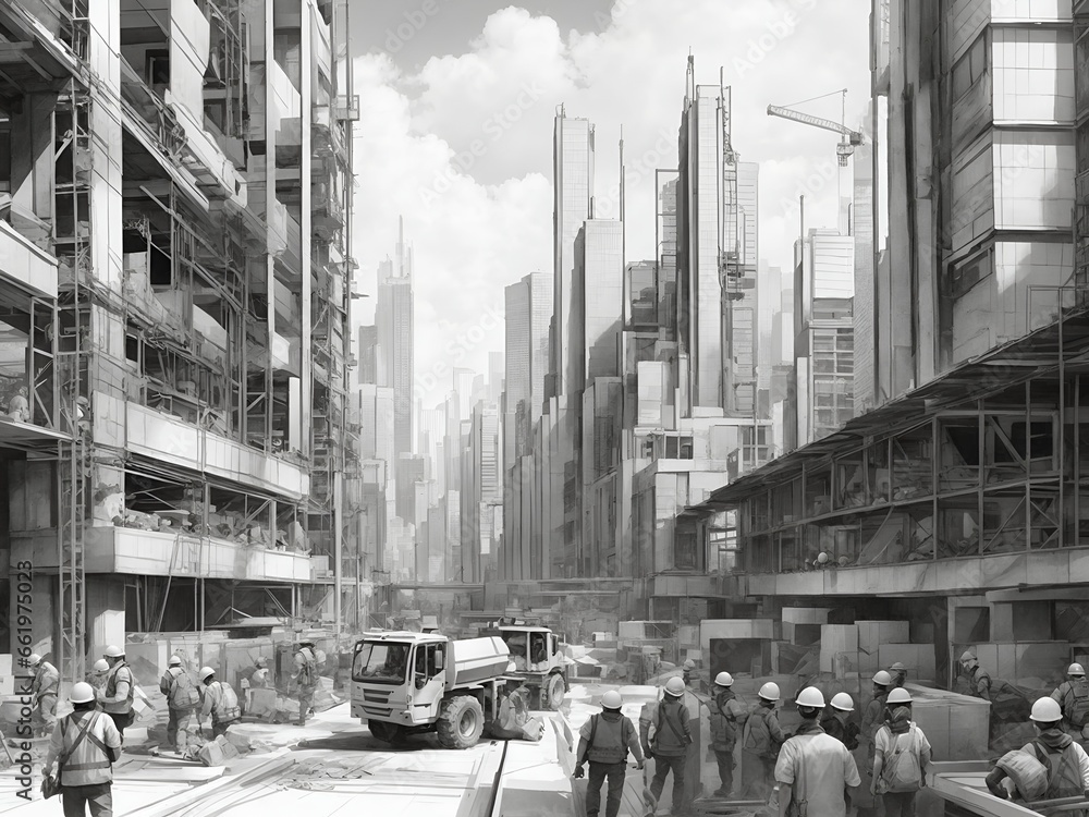 A construction site in the midst of a bustling city, with skyscrapers towering over it, as the workers navigate through the busy streets to get to their site.