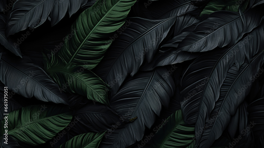 Textured abstract black leaves create a dark and tropical backdrop. Textured abstract black leaves create a dark and tropical backdrop.