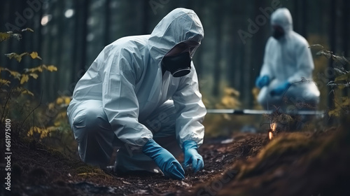 A police officer takes evidence from the crime scene, Forensic scientist in protective gloves doing working at crime scene. photo