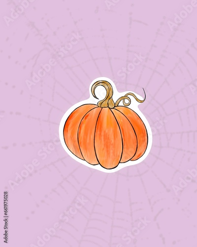Cute Halloween sticker with pumpkin. Freehand flat design