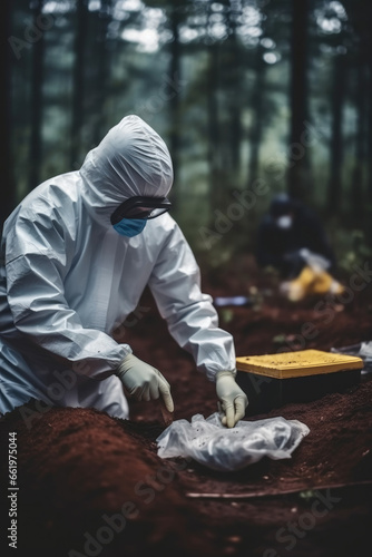Forensic scientist in protective gloves are working at crime scene. © visoot
