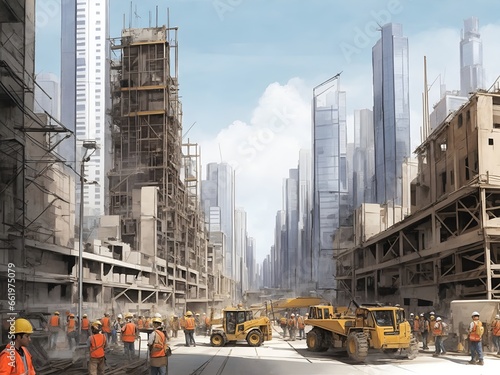 A construction site in the midst of a bustling city, with skyscrapers towering over it, as the workers navigate through the busy streets to get to their site.