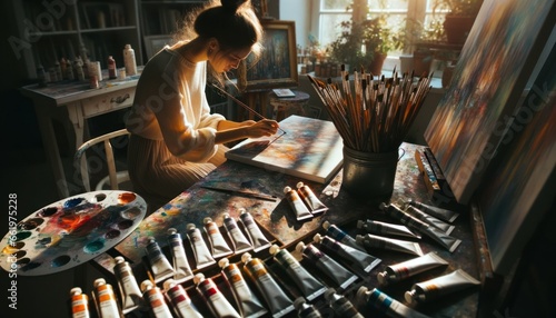 In a sunlit art studio, a photo captures a woman deeply engrossed in her painting, her brush strokes telling a story on the canvas. photo