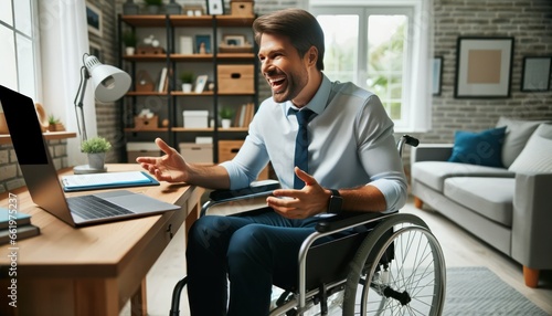 In a well-lit home office, a photo captures a man in a wheelchair, deeply engrossed in a virtual meeting. photo