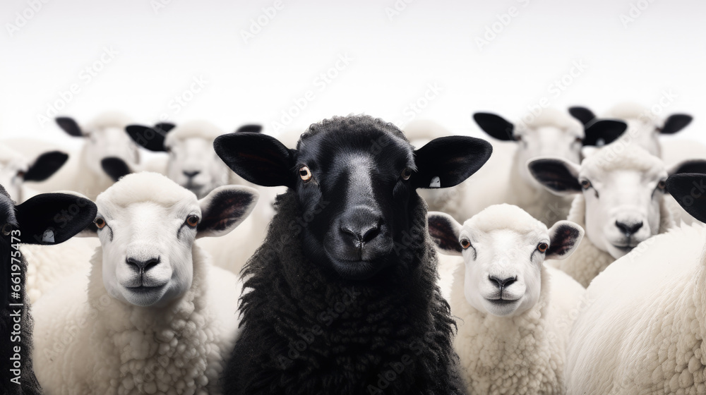 Obraz premium : An intriguing image featuring a black sheep within a flock of white sheep, set against a clean and uncluttered background, symbolizing uniqueness and individuality.