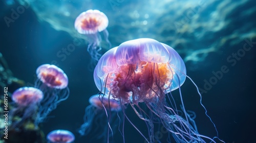 Beautiful vibrant jellyfish, dark underwater scene. Wildlife background. © Sunny_nsk