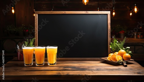 Pusta tablica kredowa na menu stojąca na barze przy pełnych szklankach z piwem.  photo