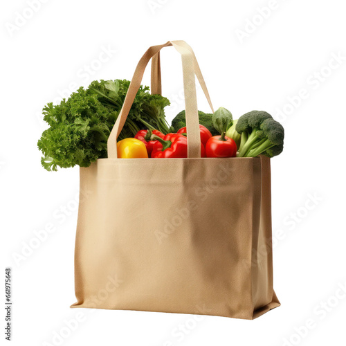 Reusable shopping bag full of healthy food isolated on white or transparent background, png clipart, design element. Easy to replace on any other background.
