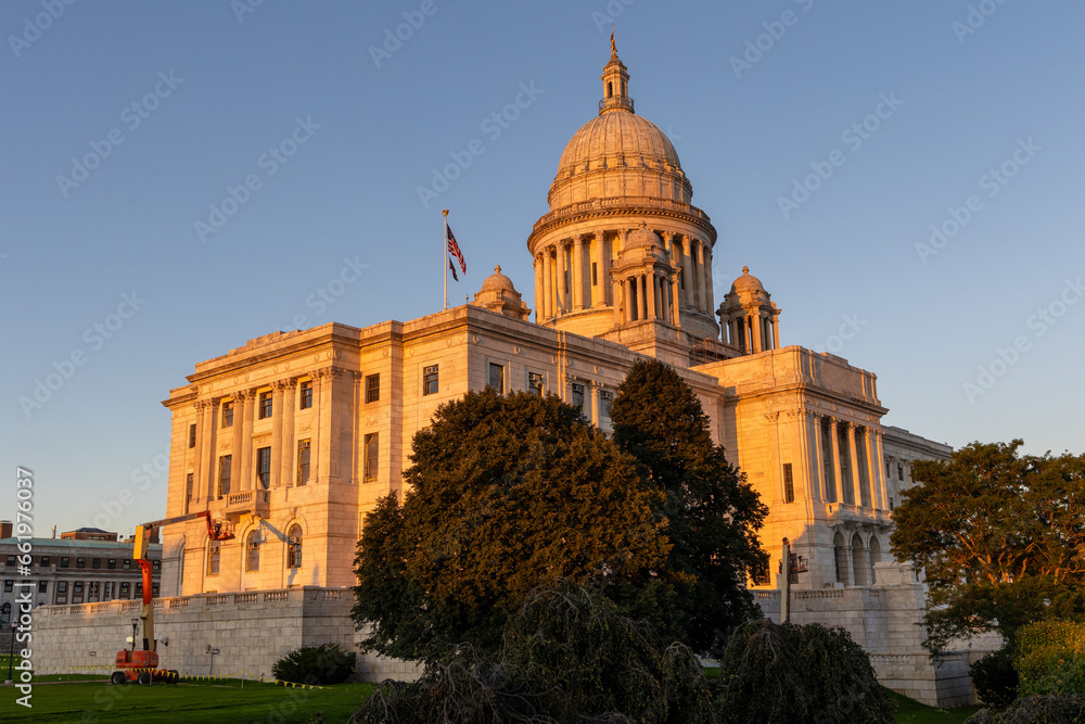 Rhode Island state capitol building at sunset
