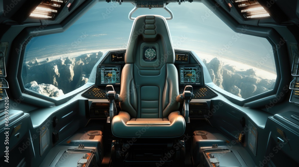 Interior of a spaceship cockpit.