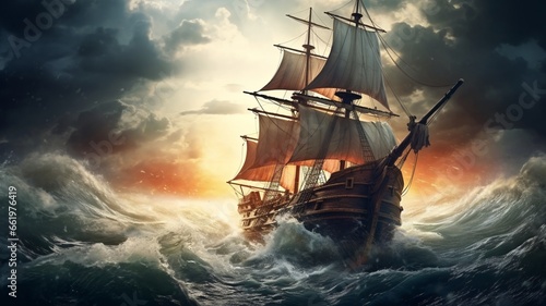Fishing vessel in storm and beautiful illustration Ai generated art