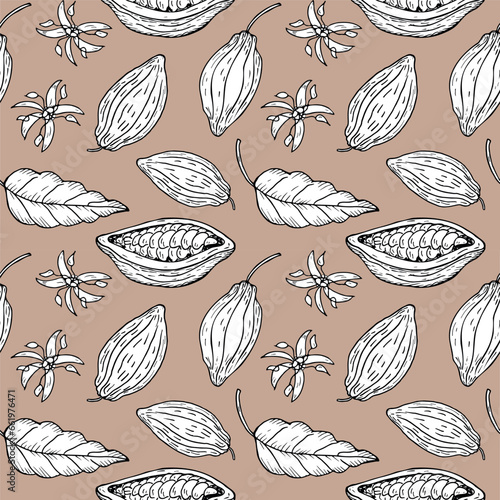 Cocoa Seamless pattern with fruits and cacao plant repeating background hand drawn decorative ornament for wrapping, paper, template, card, textile.Coco palm harvest, sweets, chocolate ingredients 