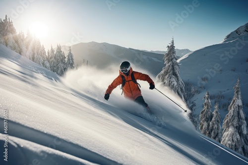 Extreme sport on ski boards. Snow tourism concept. Generative AI.
