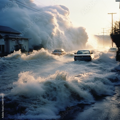 Flood tsunami giant wave water devastation beautiful image Ai generated art