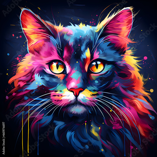 Neon cat on a black background. Trendy image for printing on t-shirt, stationery, poster, canvas, room decor