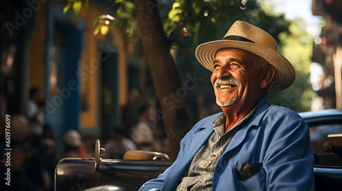 Cuban driver in Havana, with his colored suit, and his car from the 50s, enjoying touring the city with tourists, Cuban life, Caribbean lifestyle © Juan Gumin