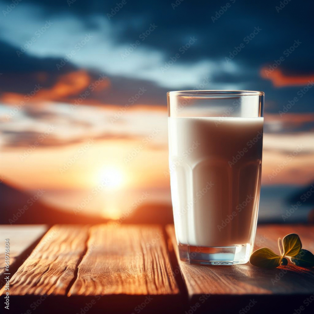 Glass of milk on wooden table over blur blue sky with sunset background. Glass of milk on wooden table over blur blue sky with sunset background.