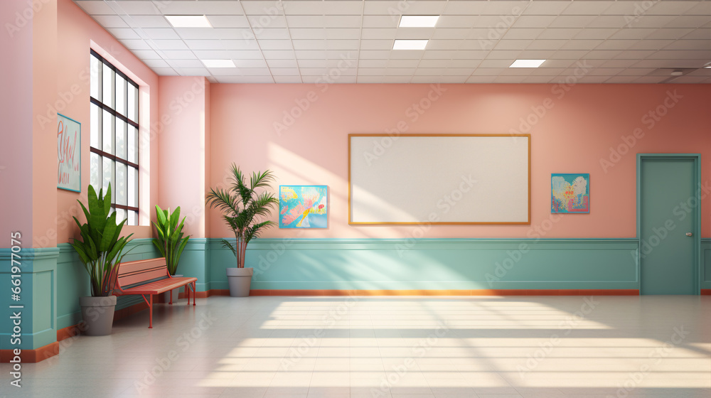 An empty poster adorns the modern, 3D-rendered interior of an educational passage. An empty poster adorns the modern, 3D-rendered interior of an educational passage.