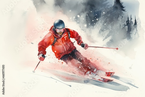Watercolor drawing of an expert skier, descending at high speed. Generative AI.