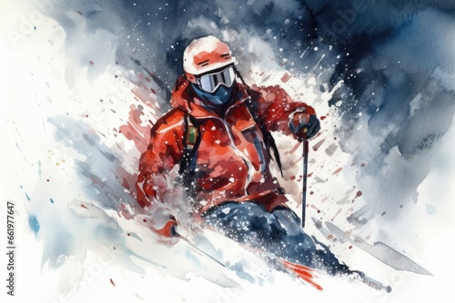 Expert skier, descending at high speed. Snow tourism concept. Generative AI.