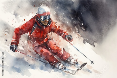 Expert skier, descending at high speed. Snow tourism concept. Generative AI.