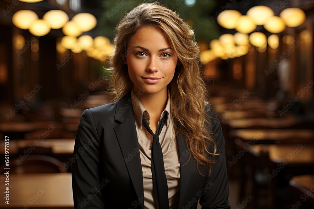 A woman in charge, her business attire speaks of authority as she conducts business within the corporate surroundings of her boss's office A woman in charge, her business attire speaks of authority as she conducts business within the corporate surroundings of her boss's office