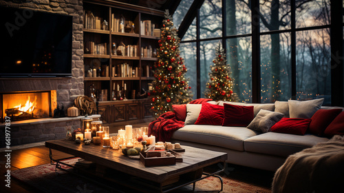 A Winter Wonderland: Cozy Living Room Christmas Decor . Generative AI.