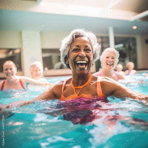 Active senior women enjoying aqua fit class in a pool, displaying joy and camaraderie, embodying a healthy, retired lifestyle