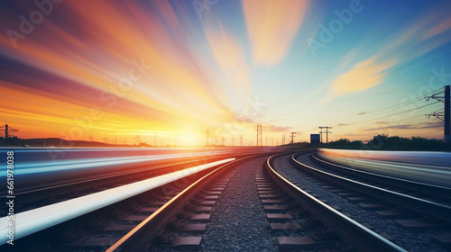 Capturing the essence of industrial transportation, this scene features a railway road against a beautiful sunset sky with motion blur..
