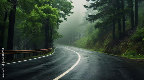 Scenic mountain road, shrouded in mist and drizzle, winding its way through a lush spring forest