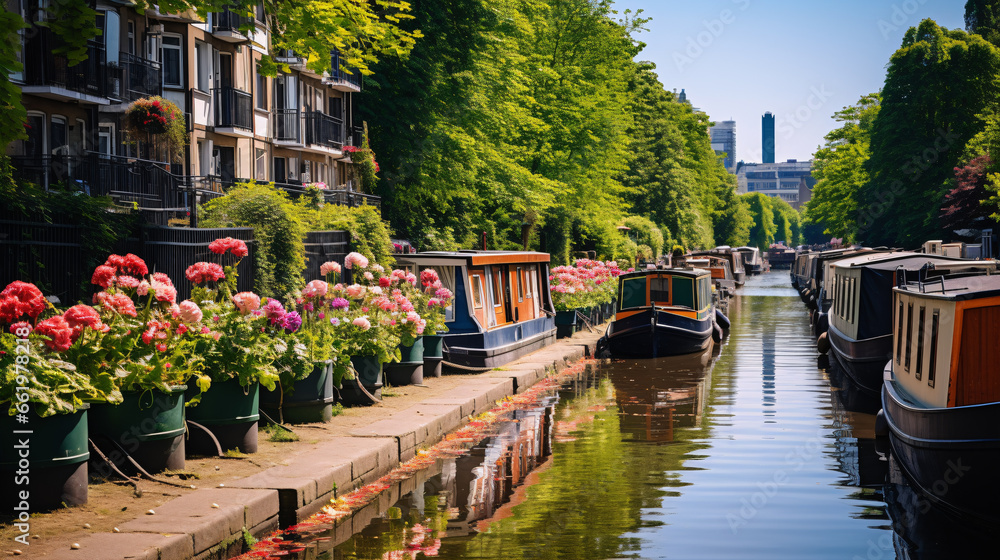 The canal banks are adorned with a charming array of houseboats and narrow boats in neat rows..