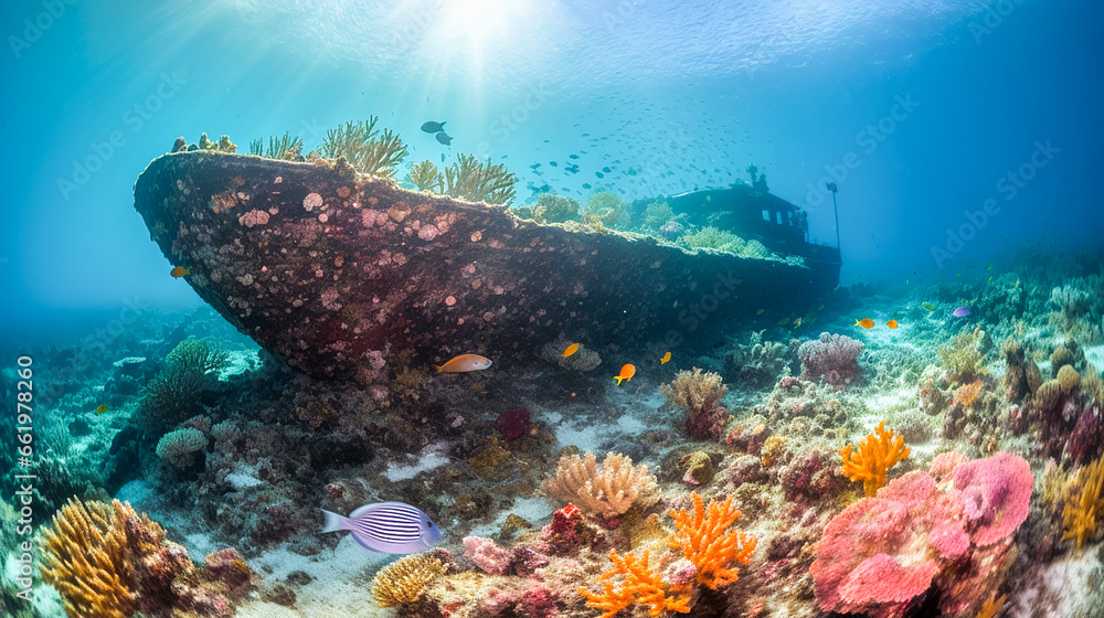 Abandoned ship underwater in the sun's rays and a colorful multi-colored bright coral reef - obrazy, fototapety, plakaty 