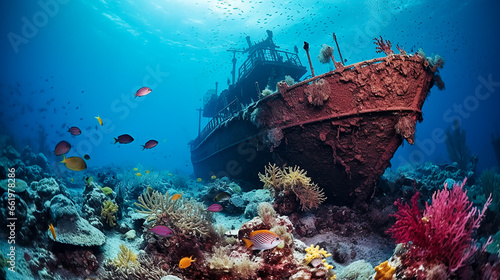 Abandoned ship underwater in the sun's rays and a colorful multi-colored bright coral reef © Рика Тс