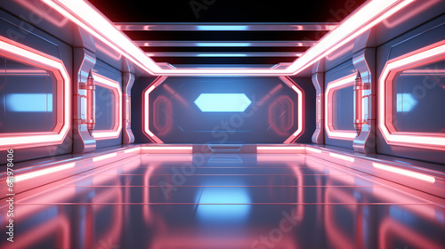 Inside a neon-lit spaceship with a futuristic space station corridor in the background – a stunning 3D rendering..
