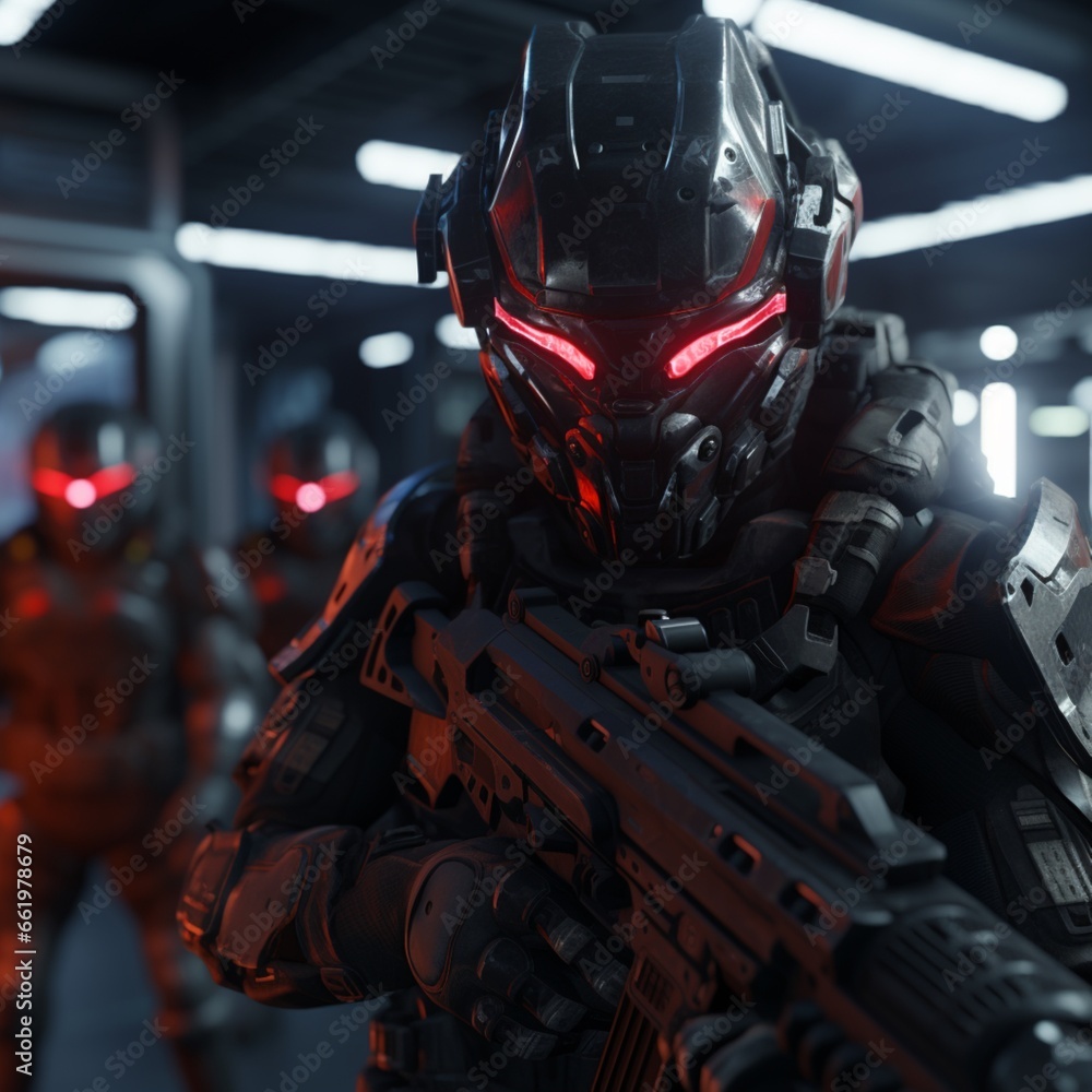 Fototapeta premium Future soldiers shooting and killing war is artificial Ai generated art