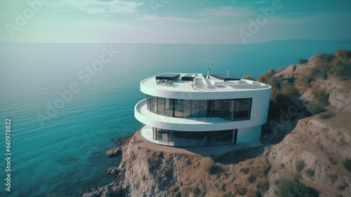 Futuristic modern house by ocean drone photo beautiful image Ai generated art