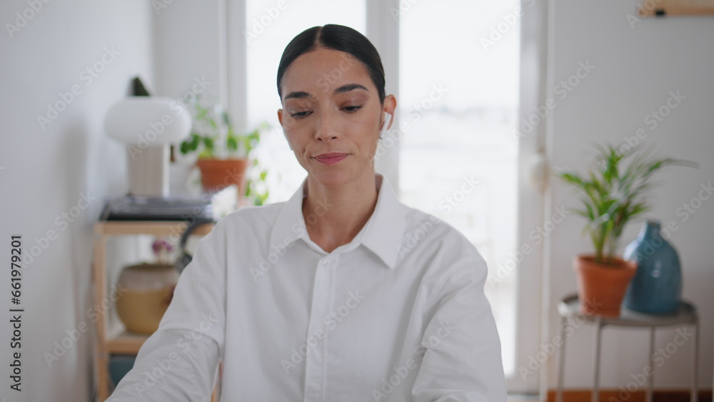 Annoyed student rolling eyes videocalling room. Virtual call lady making notes Annoyed student rolling eyes videocalling room. Virtual call lady making notes