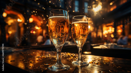 Cheers with Champagne: Elegant Glasses Clinking in Celebration. Generative AI.