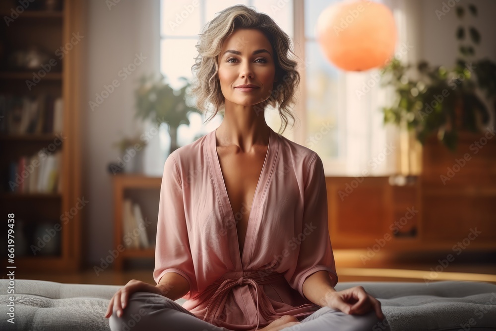 Middle aged woman meditating at home with eyes closed in a living room, Relaxing body and mind, Self care and wellbeing. - obrazy, fototapety, plakaty 