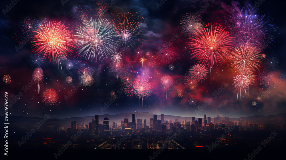 Fototapeta premium fireworks over the city, New Year, Generative AI