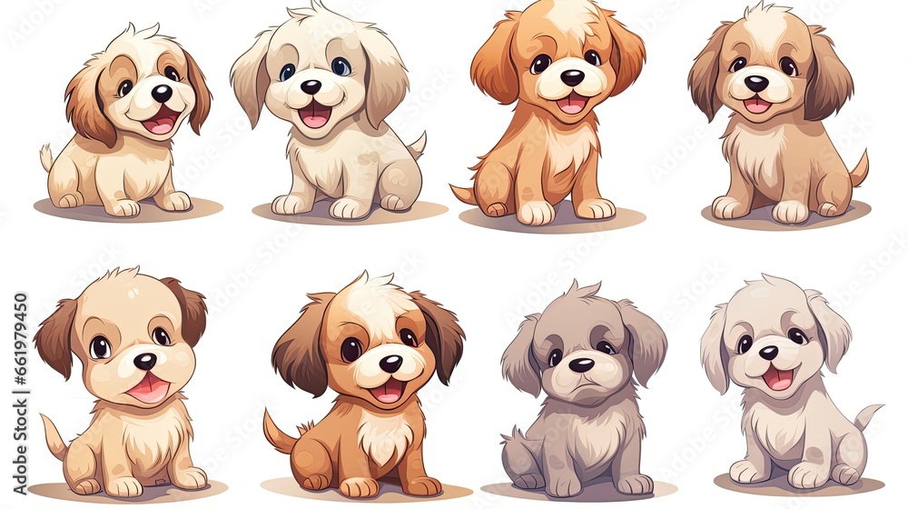 Set of funny puppies. Cartoon, soft coloring, flat vector design, isolated on white background Set of funny puppies. Cartoon, soft coloring, flat vector design, isolated on white background