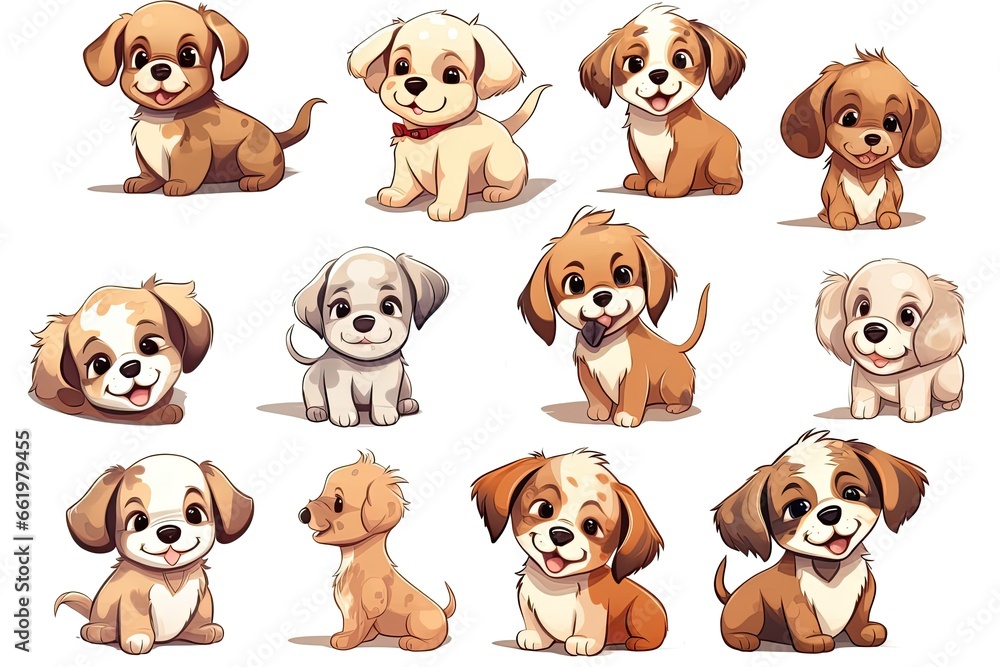 Set of funny puppies. Cartoon, soft coloring, flat vector design, isolated on white background Set of funny puppies. Cartoon, soft coloring, flat vector design, isolated on white background