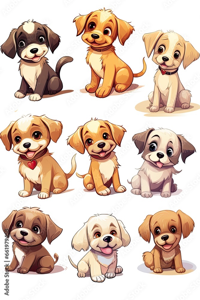 Set of funny puppies. Cartoon, soft coloring, flat vector design, isolated on white background Set of funny puppies. Cartoon, soft coloring, flat vector design, isolated on white background