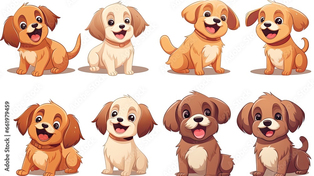 Set of funny puppies. Cartoon, soft coloring, flat vector design, isolated on white background Set of funny puppies. Cartoon, soft coloring, flat vector design, isolated on white background
