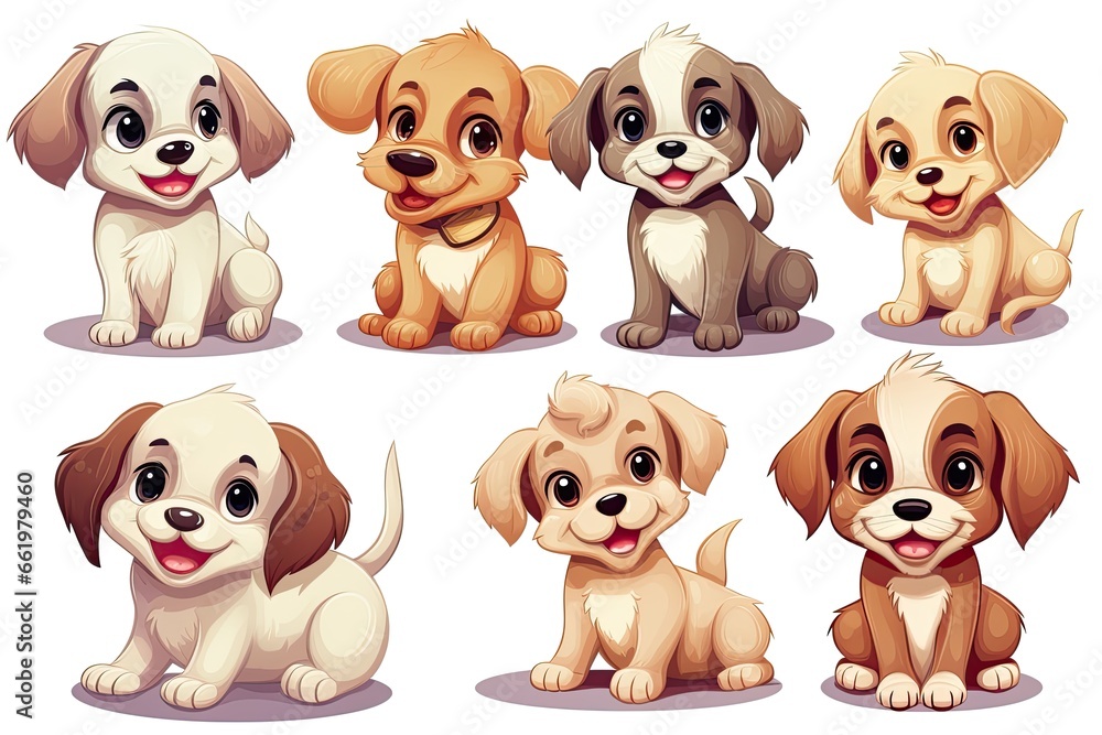 Set of funny puppies. Cartoon, soft coloring, flat vector design, isolated on white background